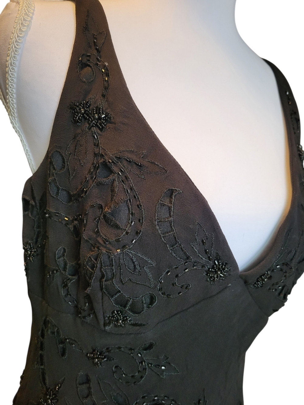 Vtg 90s Y2K Marina 100% Silk Black Beaded Vneck Asymmetrical Hem Evening Dress - Picture 8 of 10